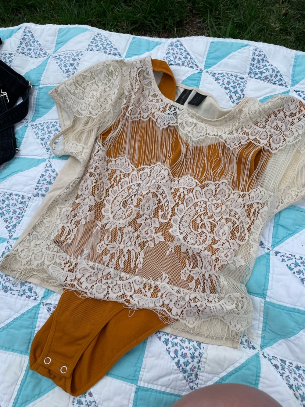 Forever 21 Cream Lace Fringe Bodysuit with Mustard Underlayer